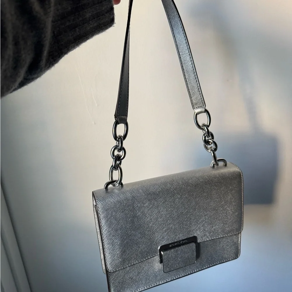 Michael Kors Silver Cynthia small shoulder flap bag